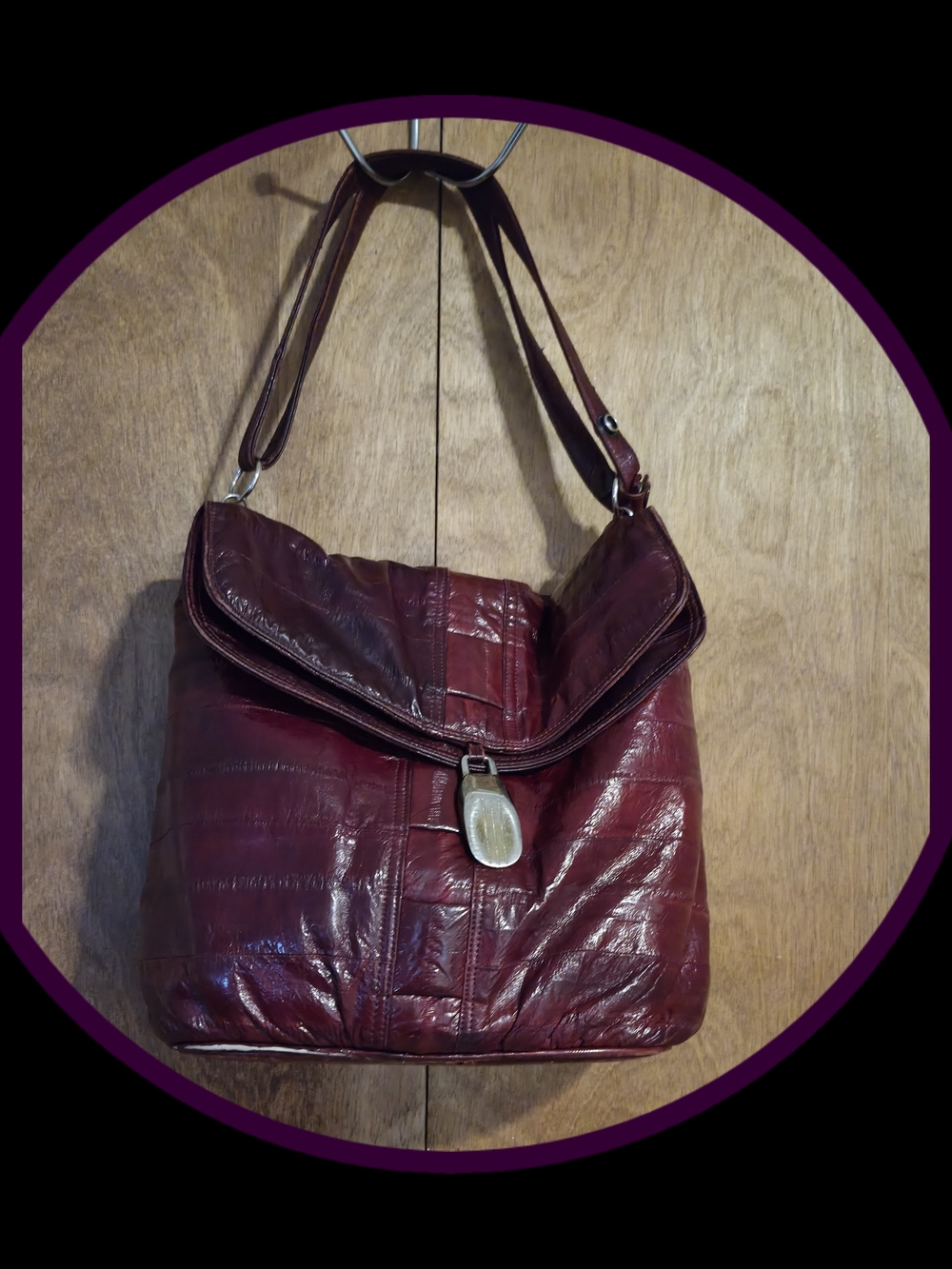 Vintage Korean 80's Oxblood/Burgandy 100% Eel Skin Handbag w/Flap Secure Closure